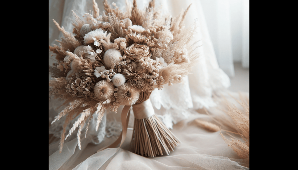 DALL·E 2024-01-18 13.54.32 - A realistic photo of a bridal bouquet made of dried flowers. The bouquet should be elegantly arranged, showcasing a variety of dried flowers in subtle.png