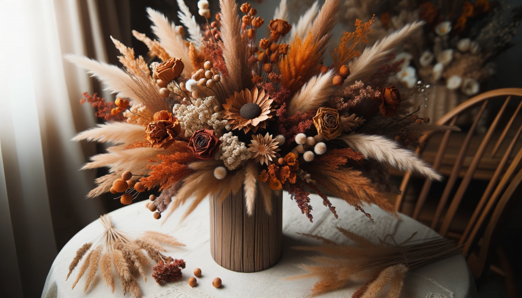 Photo showcasing a centerpiece designed for autumn, with dried flowers in shades of orange, brown, and gold. The arrangement is placed in a rustic woo.png