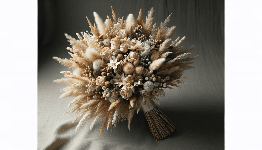 DALL·E 2024-01-18 13.57.15 - A realistic photo of a bridal bouquet made of dried flowers. The bouquet is carefully arranged and presented in a natural, rustic style, with a variet.png