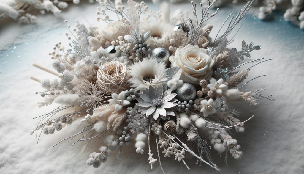 Photo of a winter-themed dried flower arrangement. Set against a snowy backdrop, the composition includes white and silver dried flowers, interwoven w.png