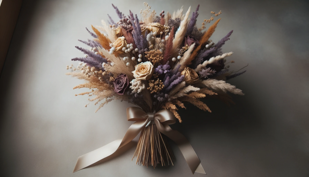 Photo of an elegant bouquet of dried flowers with shades of lavender, gold, and rust. The bouquet is tied with a silk ribbon and set against a muted b.png